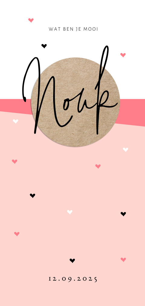 Hippe geboortekaart voor meisje met hartjes in peach en kraft rondje