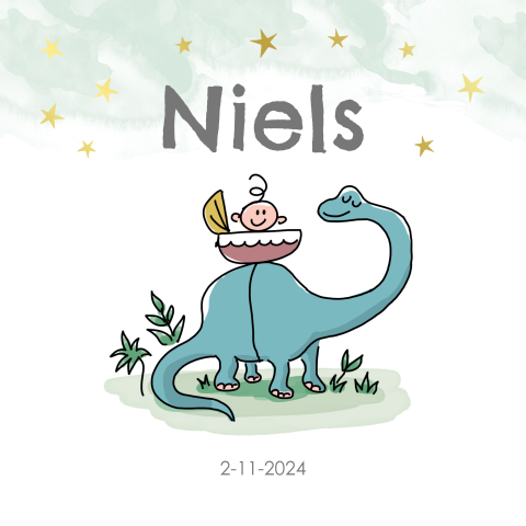 Luxe geboortekaartje met dino, jongen in wieg, watercolour en sterren