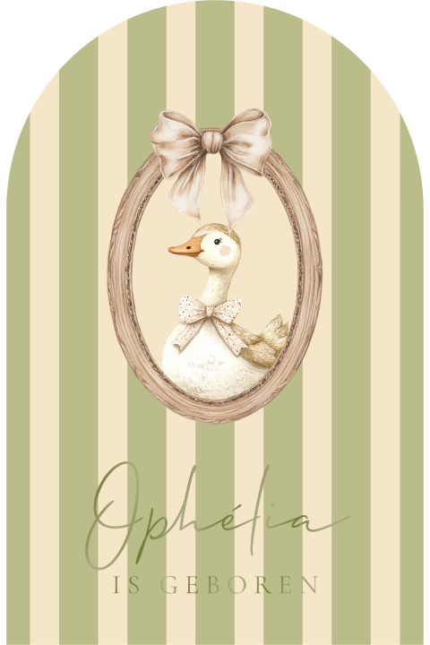 Grappig, lief geboortekaartje met gansje met strepen en strik
