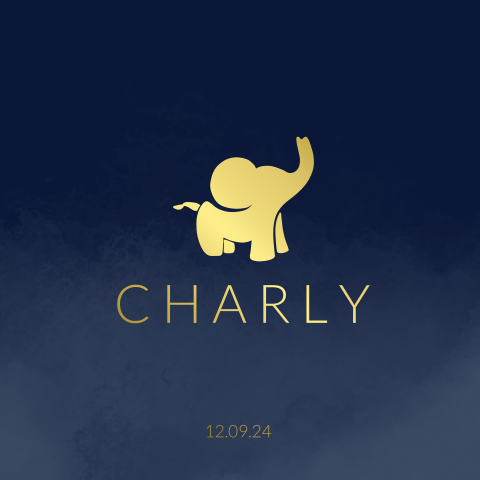 Donkerblauw geboortekaartje met olifantje in goudfolie