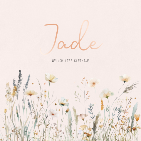 Lief geboortekaartje meisje met roségoudfolie en veldbloemen