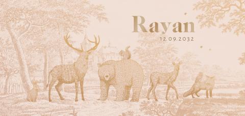 Geboortekaartje met bosdieren in pentekening