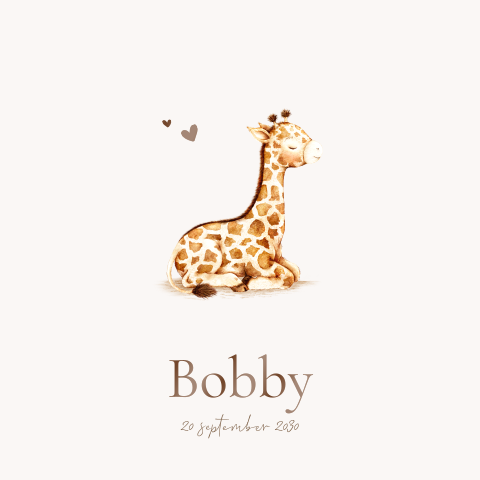 Hoogglans geboortekaartje met illustratie baby giraf