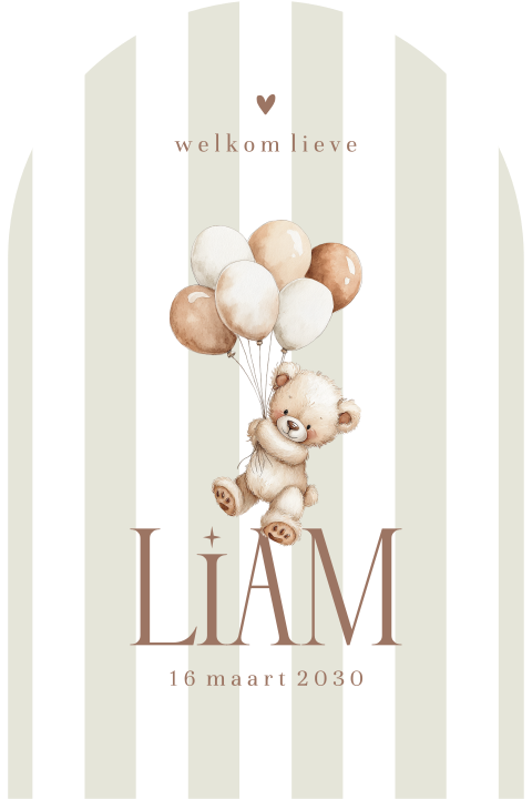 Streepjes-geboortekaartje met beertje in boogvorm