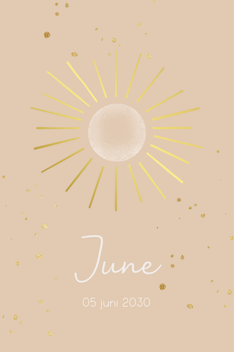 Goudfolie geboortekaartje met zon en gouden spetters