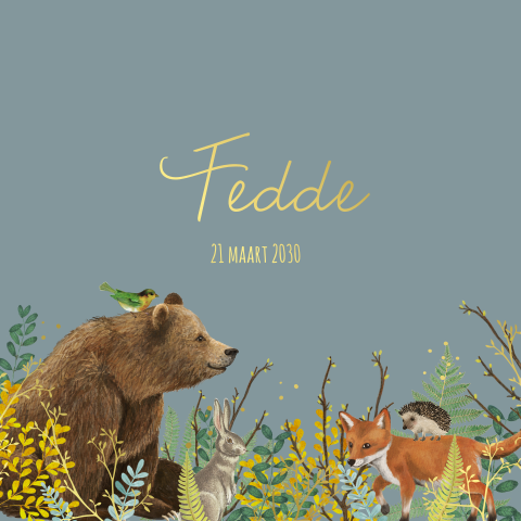 Geboortekaartje met bosdierenrand goudfolie