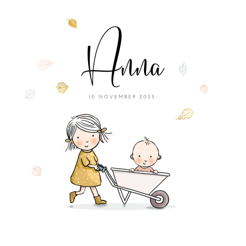 Getekend geboortekaartje blaadjes en kruiwagen