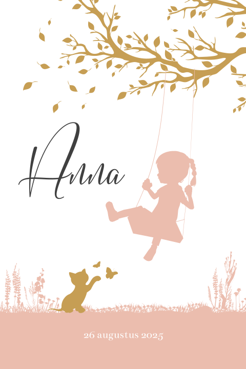 Rondhoek geboortekaart met meisje op schommel en katje