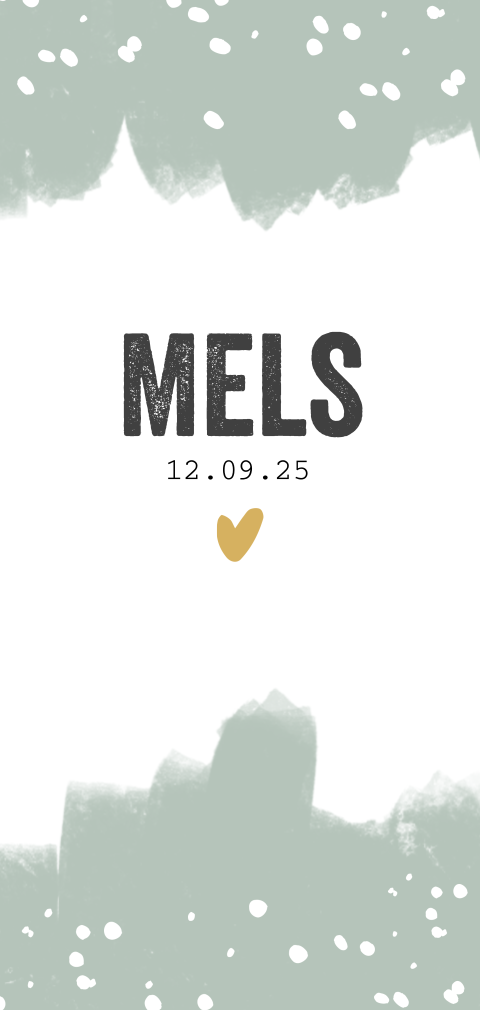 Stoer geboortekaartje met groene verf en hartje in goudlook