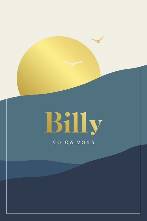 Trendy geboortekaartje voor zoon met abstract landschap en goudfolie