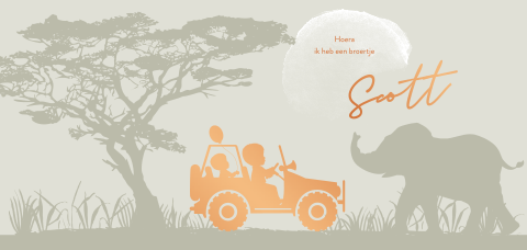 Safari geboortekaartje met twee broers in jeep en olifant