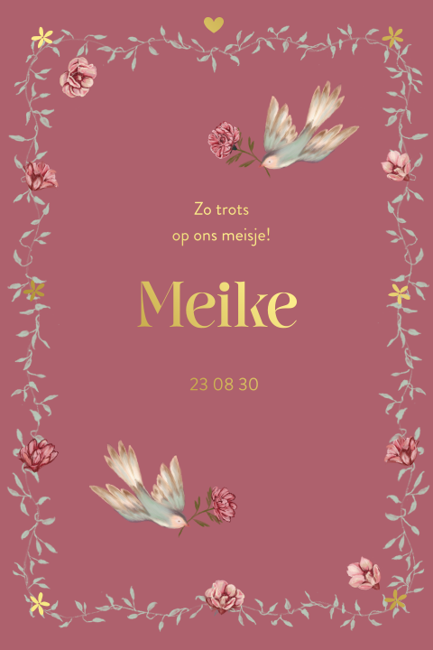 Romantisch geboortekaartje met goudfolie naam, vogeltjes en bloemetjes