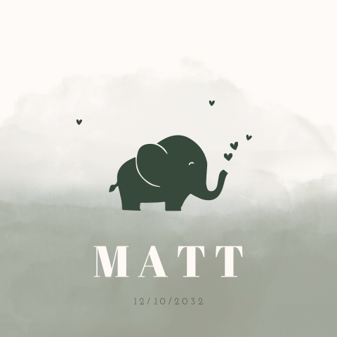 Groen watercolour geboortekaartje jongen met olifant met hartjes