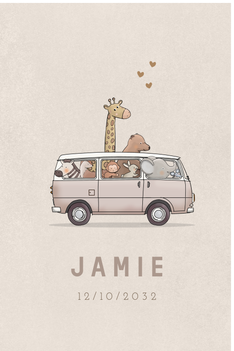 Vrolijk geboortebord beige met busje en jungledieren