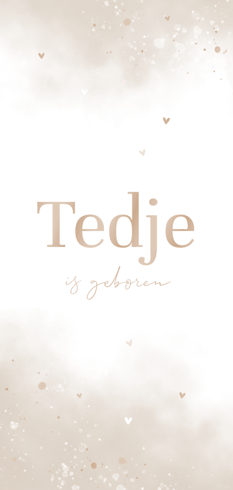 Bruin watercolour geboortekaartje met hoogglans en hartjes