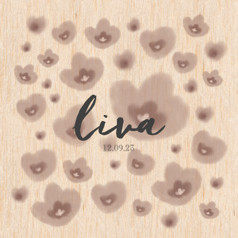 Trendy geboortekaart op echt hout met watercolour bloemen