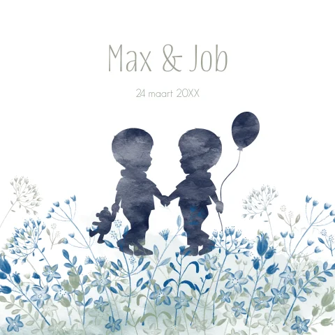 Tweeling geboortekaartje jongen met watercolour silhouetjes