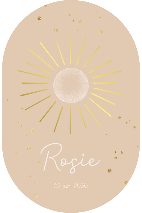 Origineel goudfolie geboortekaartje met zon en spetters
