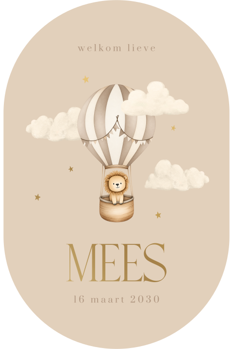 Ovaal geboortekaartje met beige luchtballon en leeuwtje