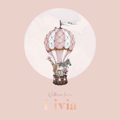 Roze geboortekaartje met luchtballon vol dieren en roségoudfolie
