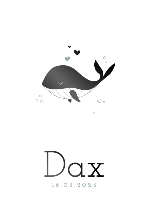 Stoer zwart folie geboortekaartje voor jongen met walvisje en hartjes
