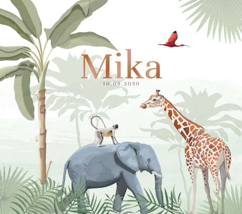 Jungle geboortekaartje met hoogglans, dieren en bladeren