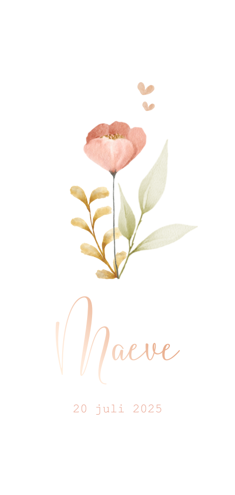 Lief rondhoek geboortekaartje met illustratie bloem en roségoudfolie