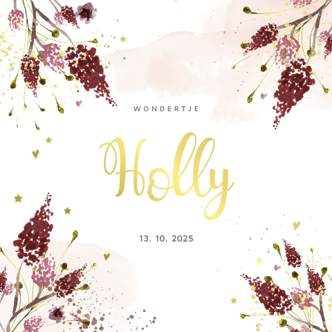 Trendy bloemen geboortekaartje met watercolour en goudfolie