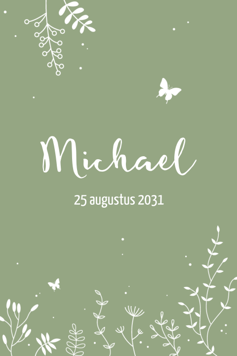 Botanisch geboortekaartje voor jongen met plantjes en vlinder