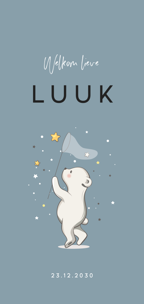 Lief geboortekaartje voor jongen met een beer en sterretjes op blauw