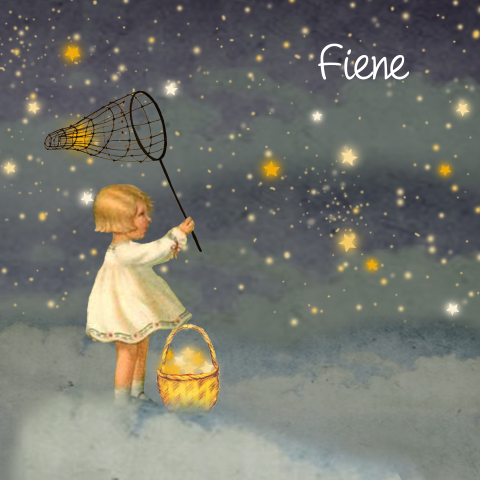 Retro geboortekaartje met meisje die in de wolken sterretjes vangt