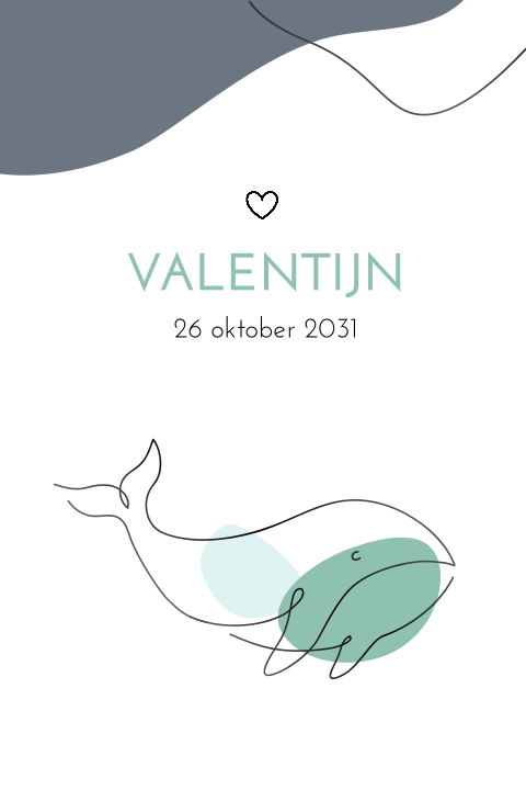Trendy geboortekaartje jongetje met zwarte hoogglans lijntekening walvis