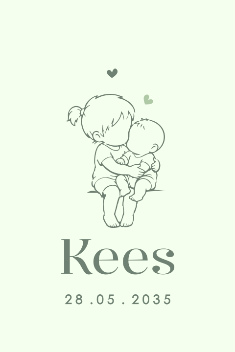 Lief geboortekaartje met lijntekening meisje met baby op schoot