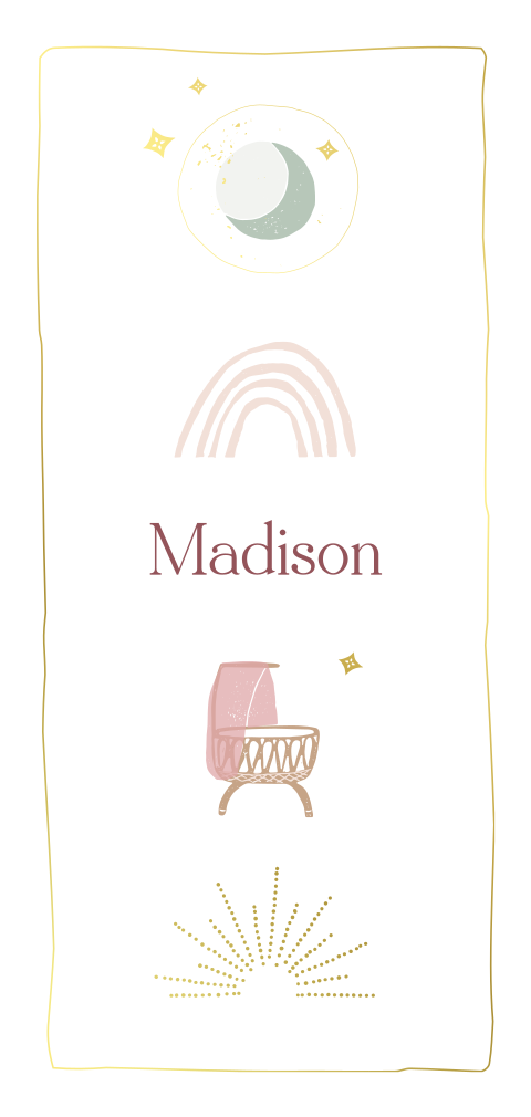 Lief goudfolie geboortekaartje met wiegje en natuurelementen