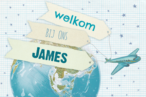 Aankomstkaartje wereldbol en vliegtuig
