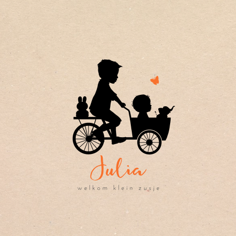 Hip geboortekaartje met silhouet van grote broer met zusje in bakfiets
