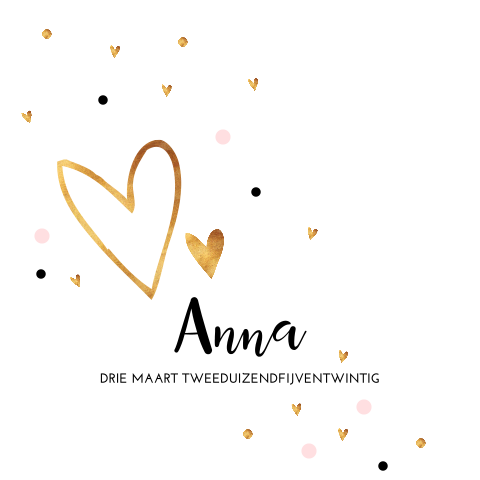 Hip geboortekaartje voor een meisje met stipjes en hartjes in goudlook