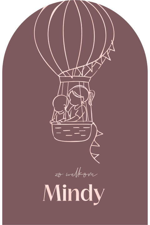 Geboortekaartje in boogvorm met lijntekening van luchtballon en zusjes