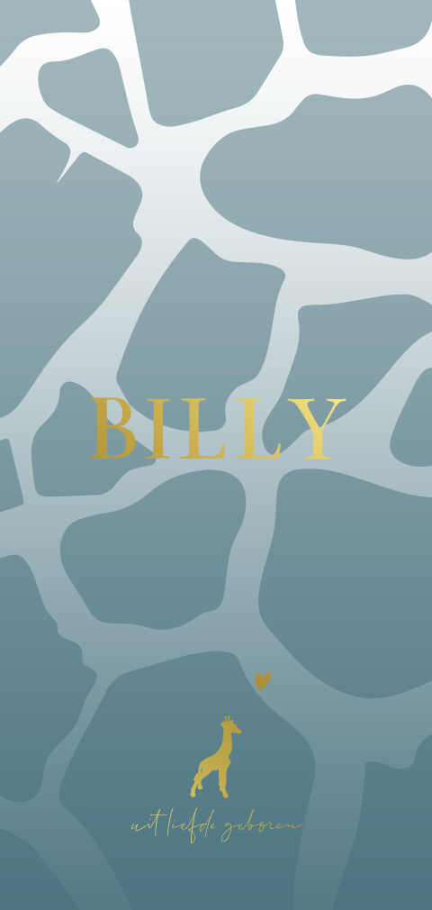 Stoer geboortekaartje blauw met giraffe print en goudfolie