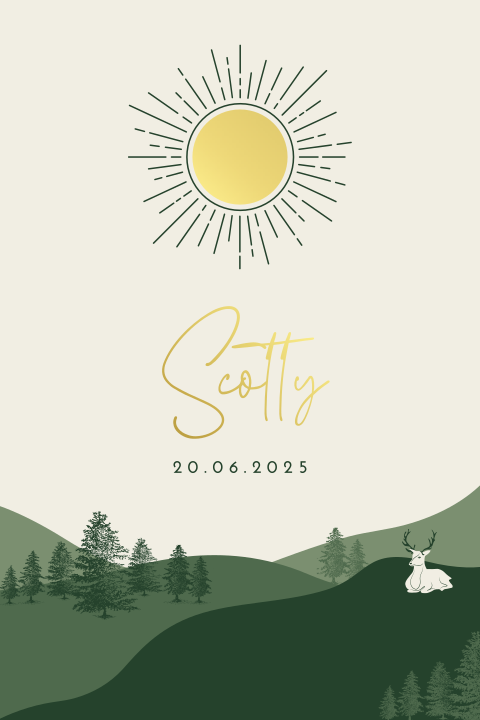 Geboortekaart unisex met abstract landschap en goudfolie zon