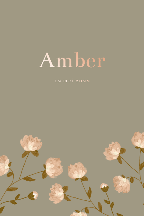 Lief roségoudfolie geboortekaartje met bloemen voor een meisje