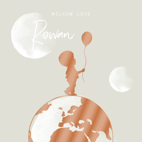 Hip geboortekaartje met hoogglans silhouet van jongen op wereldbol