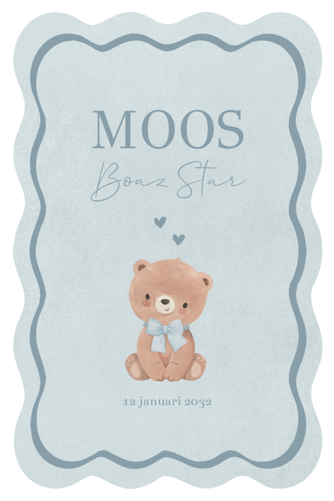 Lief geboortekaartje jongen met beertje en strikje in blauwe tint