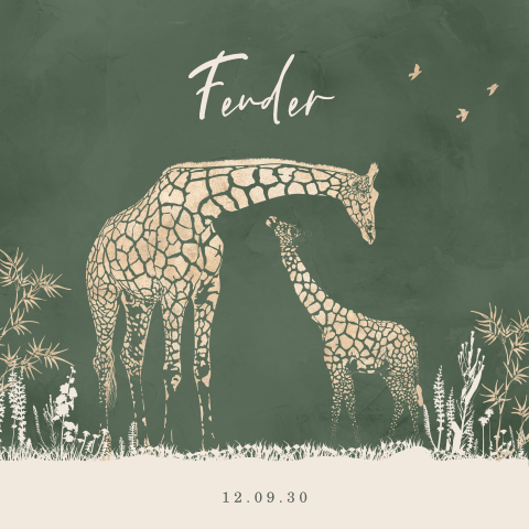 Stoer geboortekaartje met velvet-look in groen met giraffen