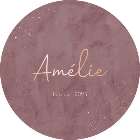 Origineel rond geboortekaartje met roségoudfolie en paarse velvet-look