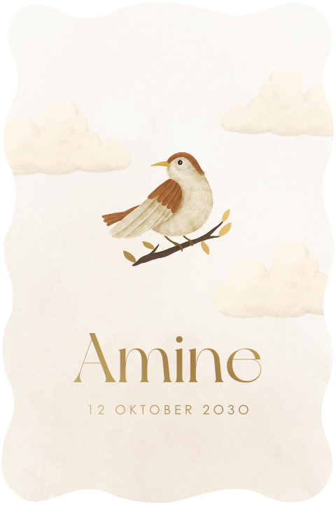 Origineel beige-goud geboortekaartje met golven en vogeltje