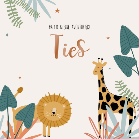 Avontuurlijk hoogglans babykaartje met jungledieren voor een jongen