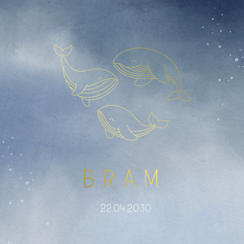 Blauw geboortekaartje met goudfolie lijntekeningen van walvissen