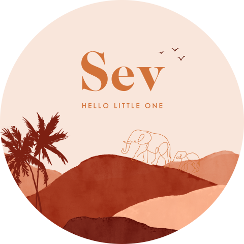 Tuinbord met aardetinten, berglandschap en lijntekening van olifanten