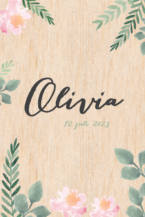 Vrolijk houten geboortekaartje voor meisje met bloemetjes en takjes